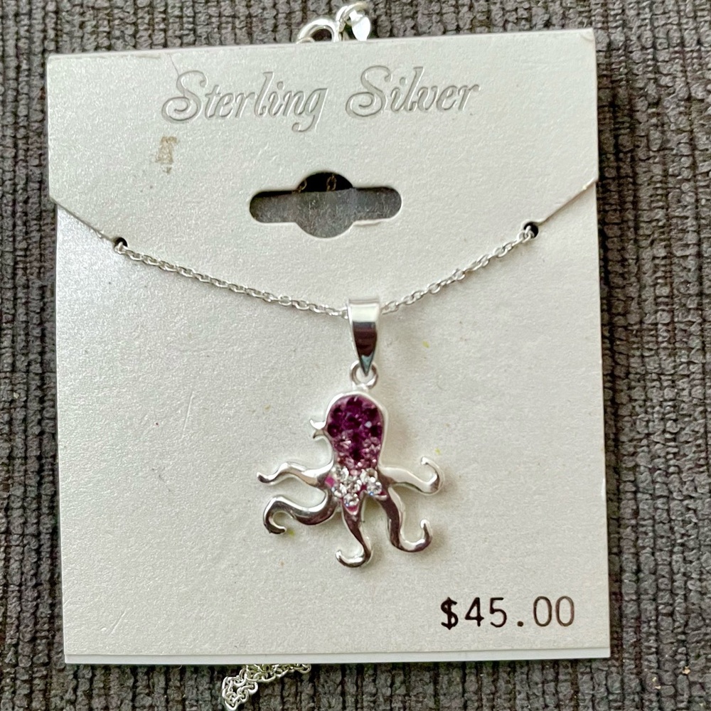 NWT - Silver and Purple Necklace with Octopus Pendant - Sterling Silver